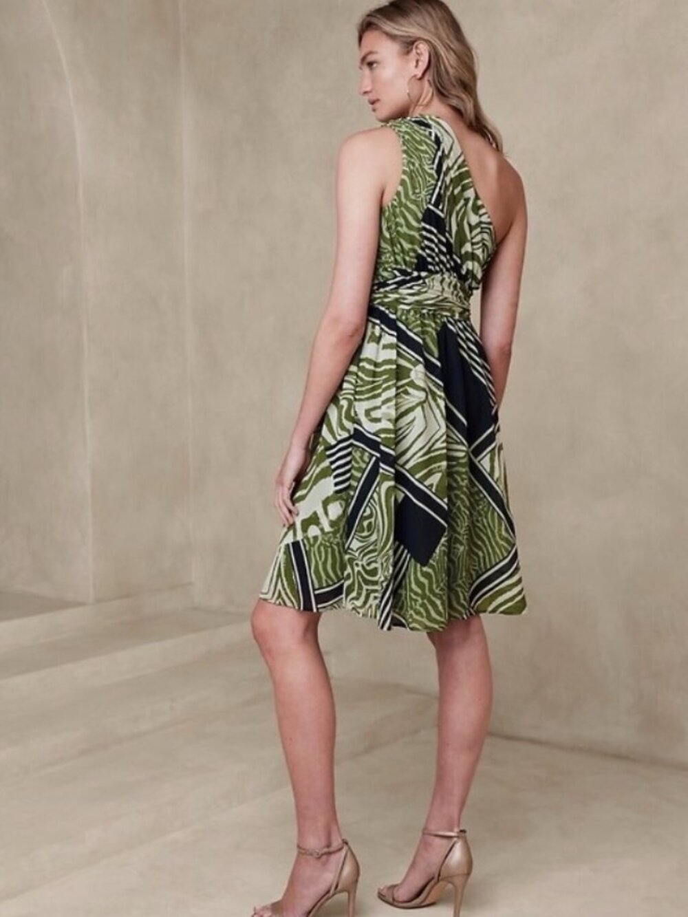 Banana Republic Green, White and Navy One Shoulder Knee Length Dress